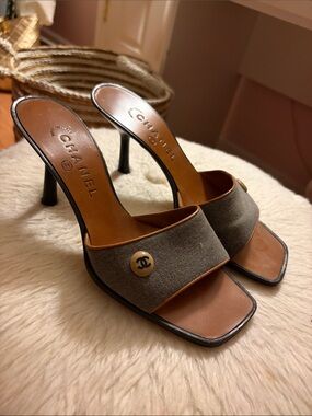 Vintage CHANEL Denim Open-Toe Mule Heels with CC Button